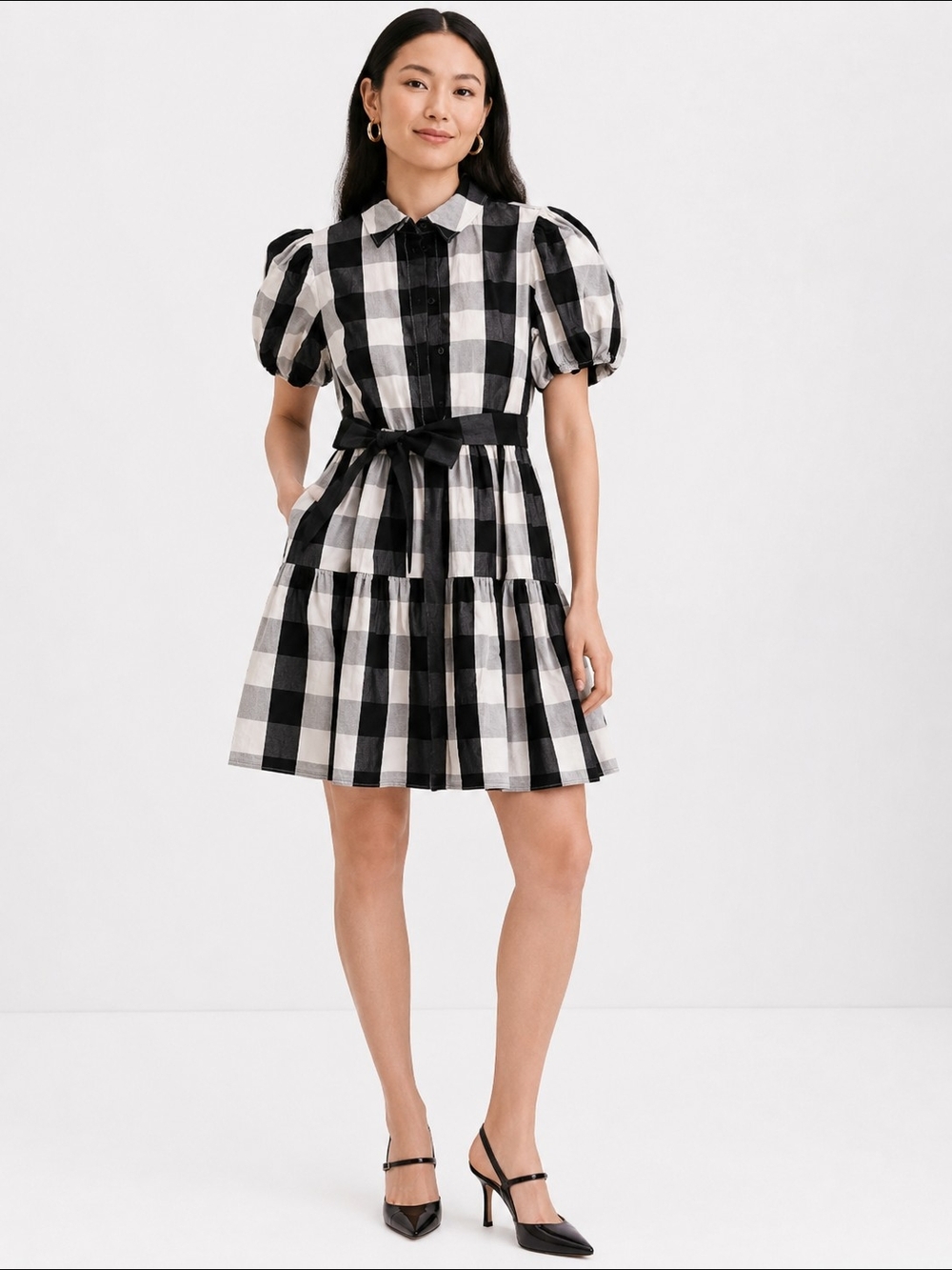 kate spade Black and White Gingham Puff-Sleeve Mini Dress